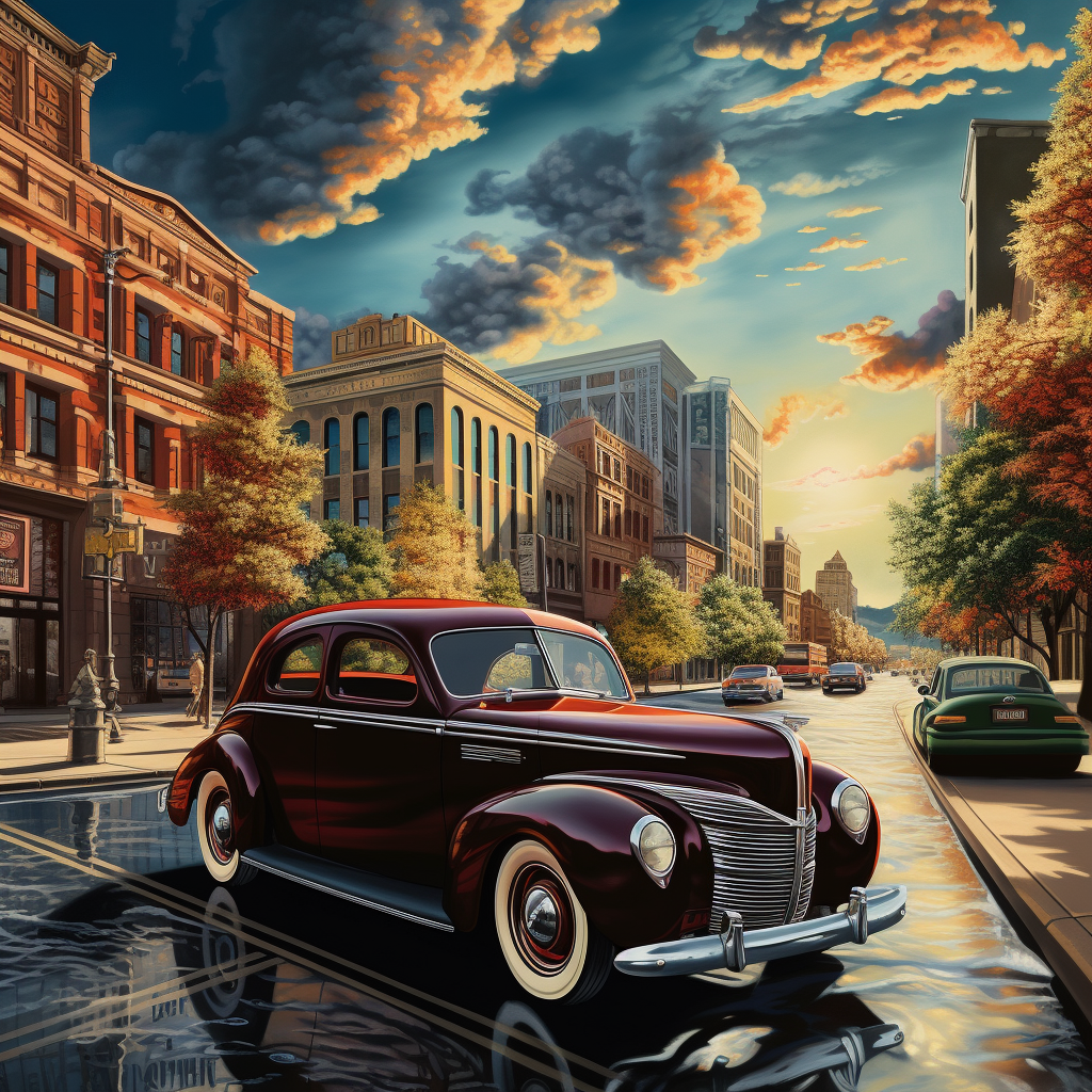 A classic Ford drives through a 1940s cityscape